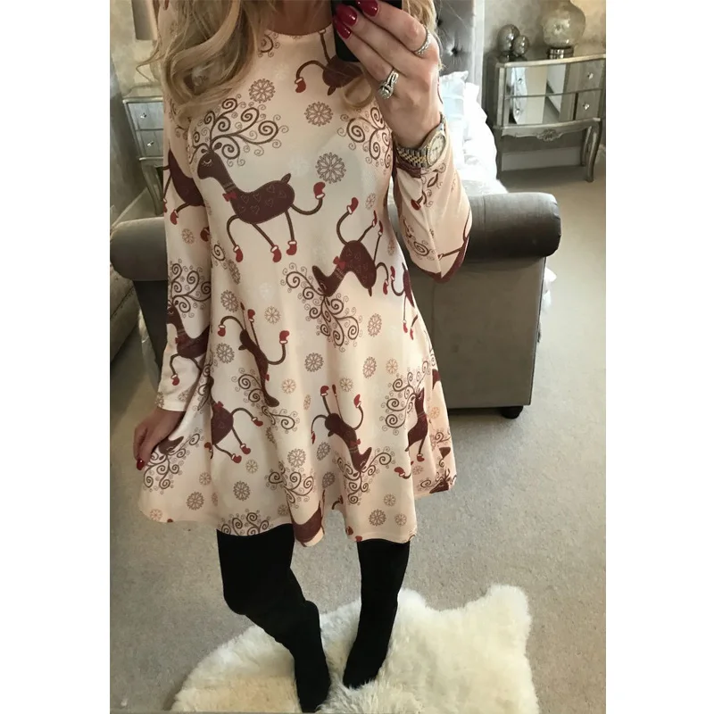 Женское расклешенное платье с длинным рукавом рождественскими мотивами для