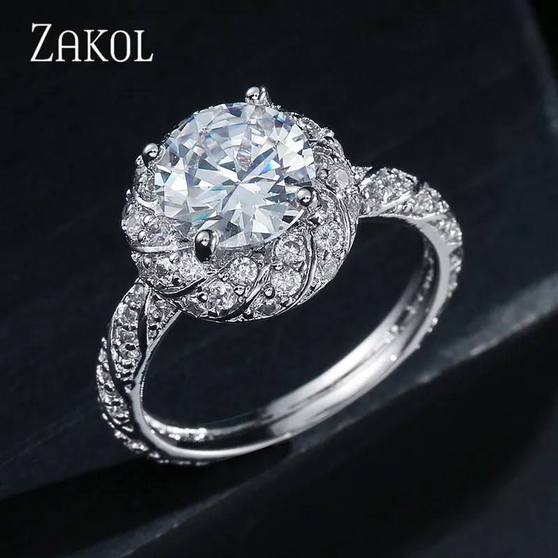 Модное женское обручальное кольцо ZAKOL сверкающее идеальное с круглым цирконом