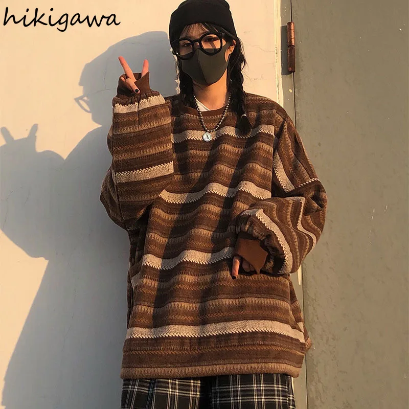 

Hikigawa Fall 2021 Women Clothing Korean Fashion Sweaters Vintage Striped Knitted Pullovers Loose Casual BF Jumper Tops Mujer