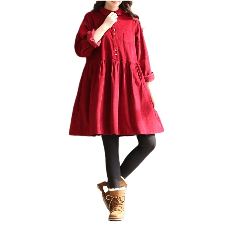 Женское вельветовое платье с воротником Питер Пэн и длинным рукавом|Женские