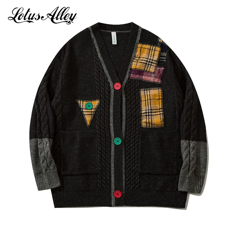 

Кардиган в стиле ретро с пэчворком, свитер, трикотажная одежда с V-образным вырезом, универсальный уютный свитер в рубчик, мужской зимний Кар...