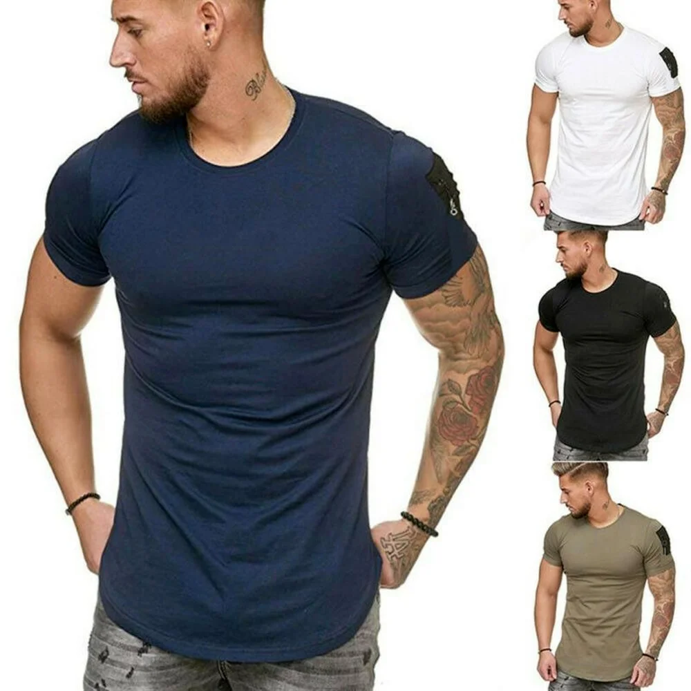 Mens Shoulder Zipper Pocket T Shirt Summer Casual Short Sleeved Round Neck Tee