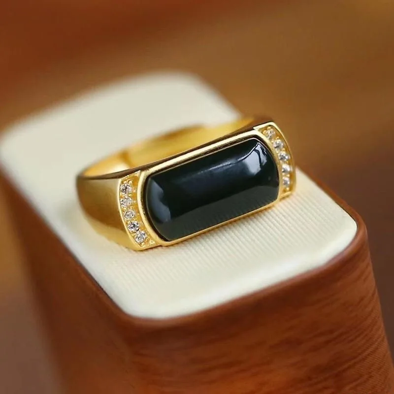 

Vintage Male Female Black Stone Ring Luxury Gold Color Wedding Rings For Women Men Promise Adjustable Open Engagement Ring