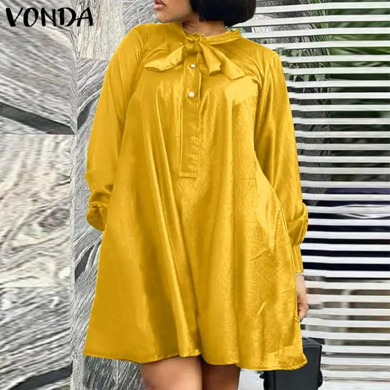 

Plus Size Satin Dress 2021 VONDA Women Long Sleeve Solid Color Mini Dress Plus Size Bohemian Vestidos Femme Beach Sundress 5XL