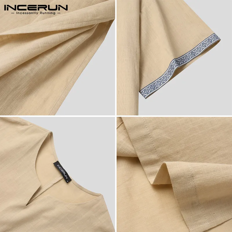 

Men Islamic Arabic Kaftan Patchwork Muslim Cotton Short Sleeve Vintage V Neck Jubba Thobe Dubai Abaya Men Clothes INCERUN S-5XL