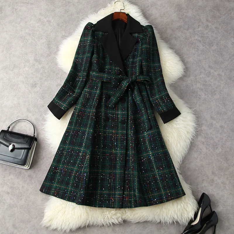 

Lurex Sequins Wool Blends Tweed Long Coat Women 2021 Fall Winter Designer Double Breasted Sashes Elegant Vintage Plaid Overcoats