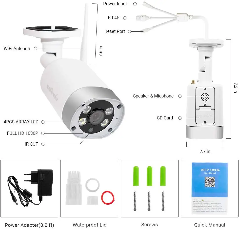

Zclever Wireless Wifi 1080P IP Camera with 32GB SD Card Outdoor Home Video Surveillance System 2-Way Audio, Free Cloud Record