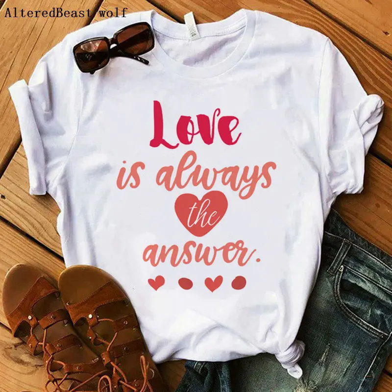 

2020 Women Vogue Clothes Happy Valentines Day T-Shirt Short Sleeve Casual Harajuku Print Cute T-shirt Female White Tops Tee