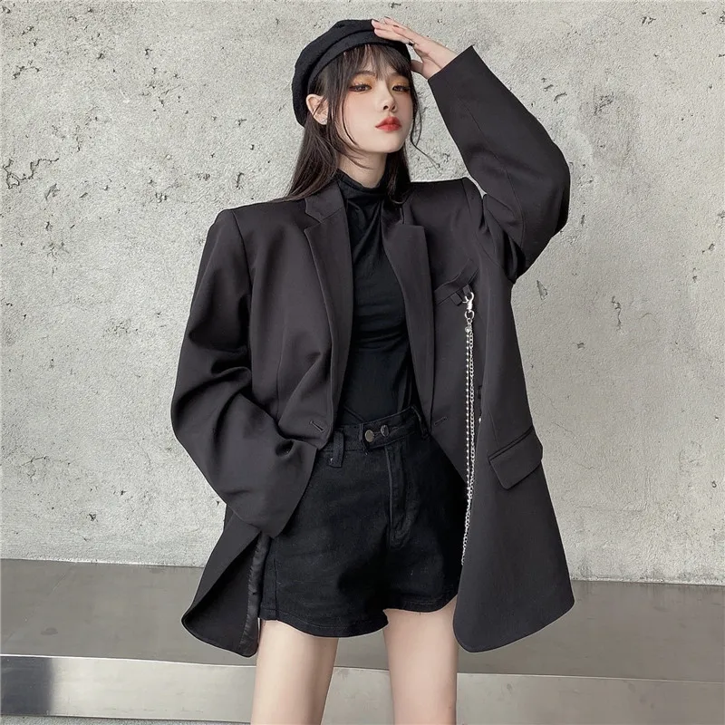 

Womens Fashion Gothic Black Blazer Plus Size Women's Spring Autumn Suit Jacket With Chian Giacche
