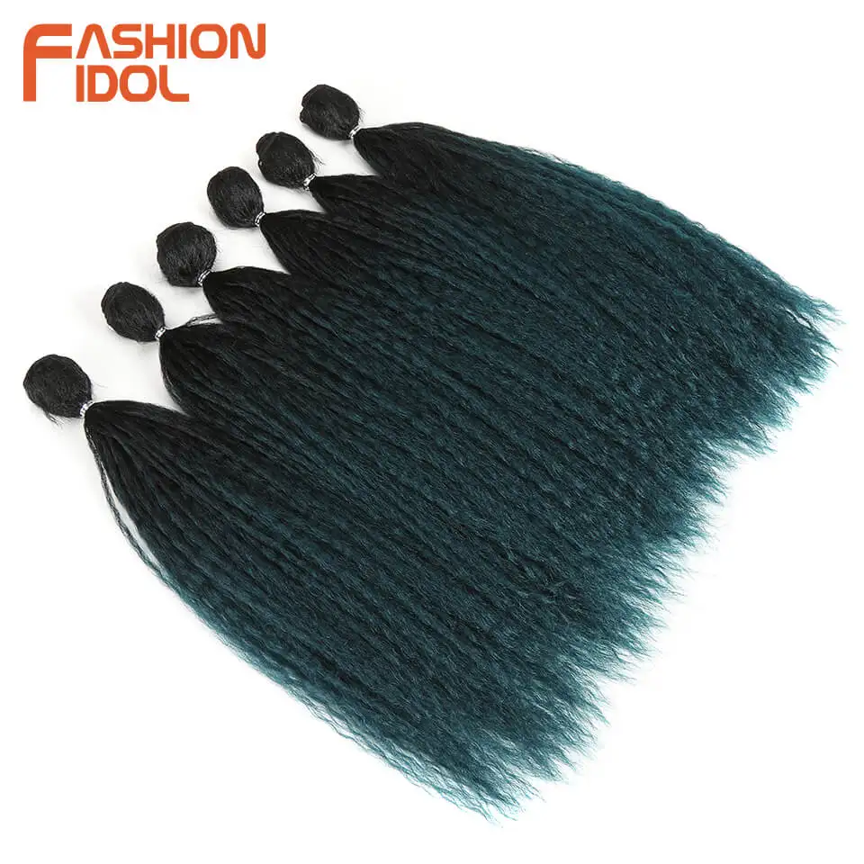FASHION IDOL Afro Kinky Straight Fake Hair Weaves For Black Women 6 Bundles With Closure Ombre Blue Synthetic Extensions | Шиньоны и