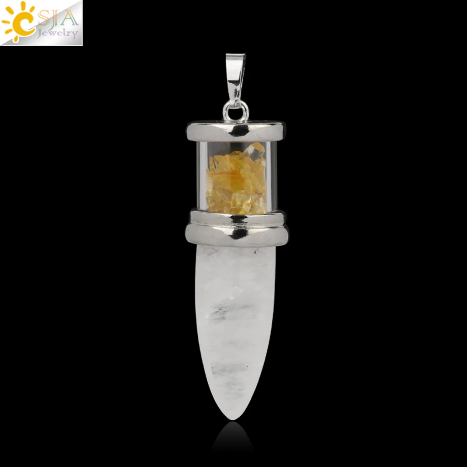 Crystal-Citrine CSJA в форме пули подвески из натурального камня розовый кварц Фиолетовый Кристалл ожерелья Желая бутылка конус рейки Маятник для женщин и мужчин G284 - Окраска металла: Crystal-Citrine