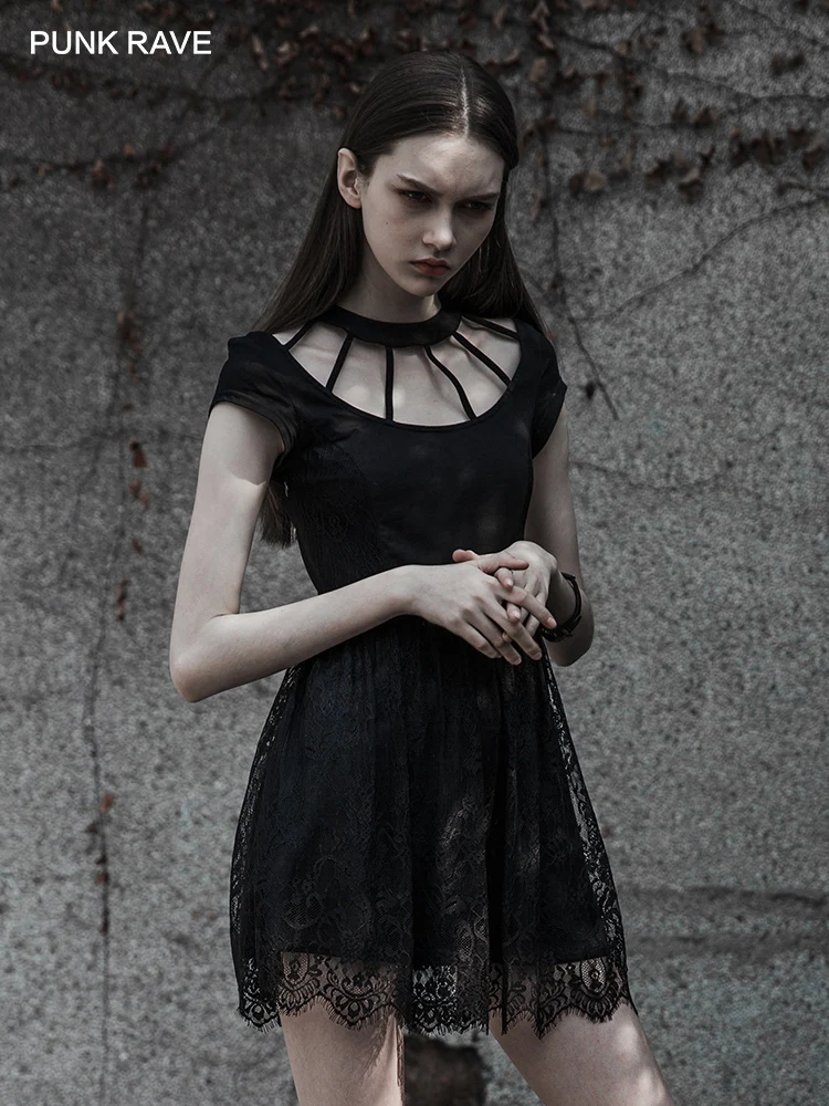 Женское кружевное платье с коротким рукавом в стиле панк черное повседневное