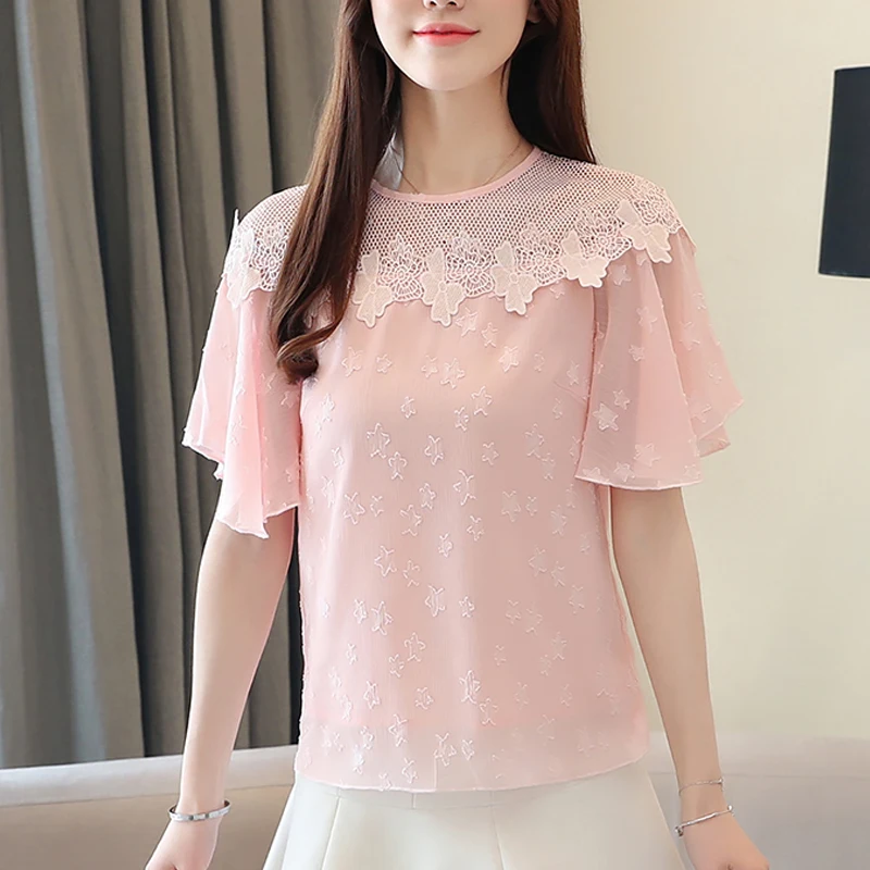 

Women Short Sleeve Lace Women Tops Office Lady Sweet Girl Summer Chiffon Blouse Fashion Pullover Shirt Chemisier Femme 8613 50