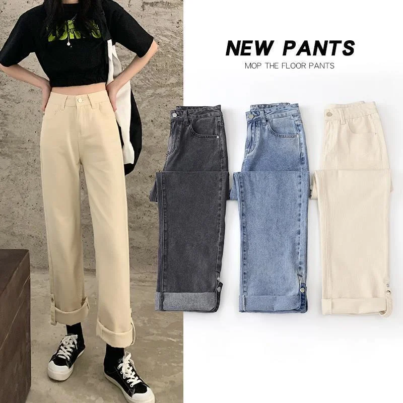 

TongSiHai Jeans Women Ladies Fashion Mid Waist Straight Denim Pants Girls Loose Streetwear Vaqueros Mujer Blue XS-XXL
