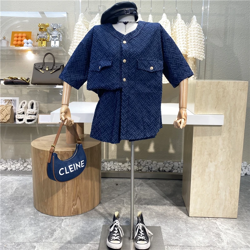 

Женский джинсовый костюм жареного цвета, однобортный Свободный Топ с V-образным вырезом и коротким рукавом, шорты с высокой талией и широким...