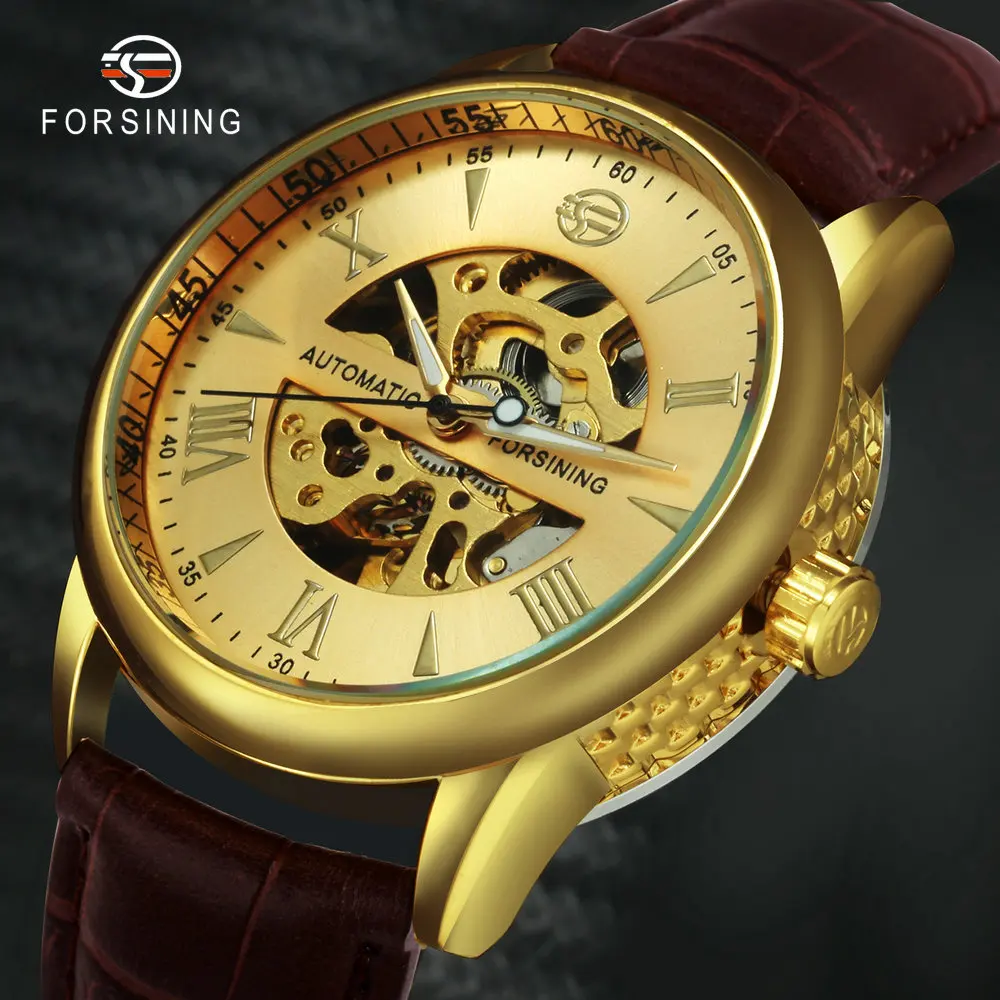 FORSINING роскошные золотые мужские механические часы светящиеся стрелки Скелет