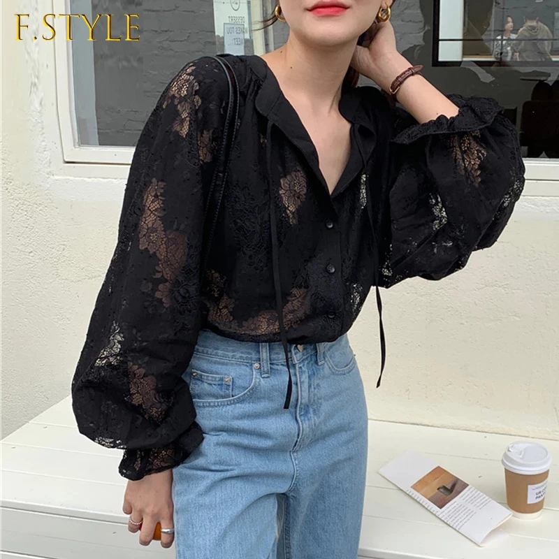 

2021 Women Blouse with Lace Lantern Long Sleeve Transparent Blouse Loose Sexy Cardigan Lace Shirt Spring Black Lace Top