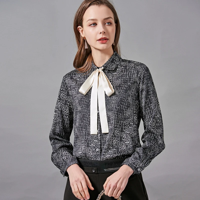 

100% Silk Women's Shirt Turn Down Collar Long Sleeves Lace Up Bow Printed Color Block Fashion Casual Blouse