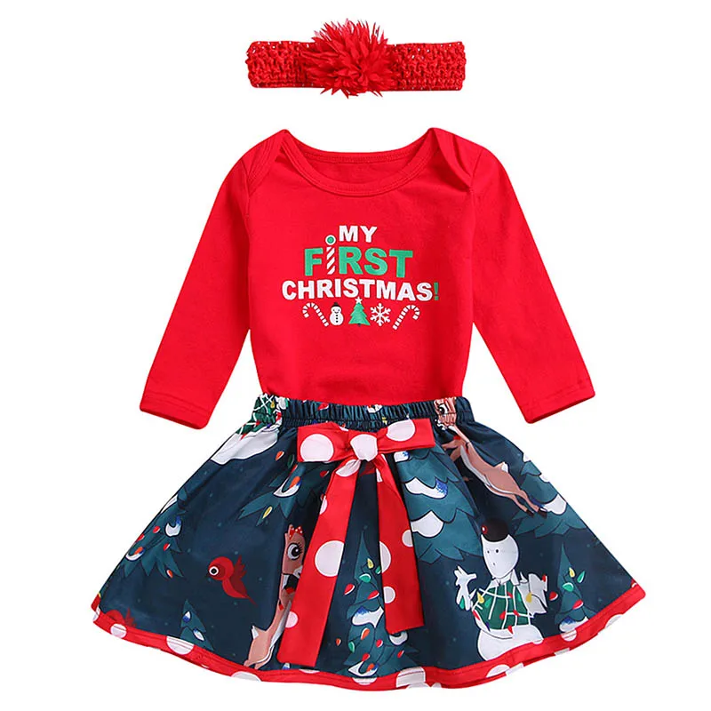 

3Pcs My First Christmas Dress for Baby Girls Deer Snowman Santa Claus Forest Print Fancy Cospaly Outfits Toddler Red Party Dress