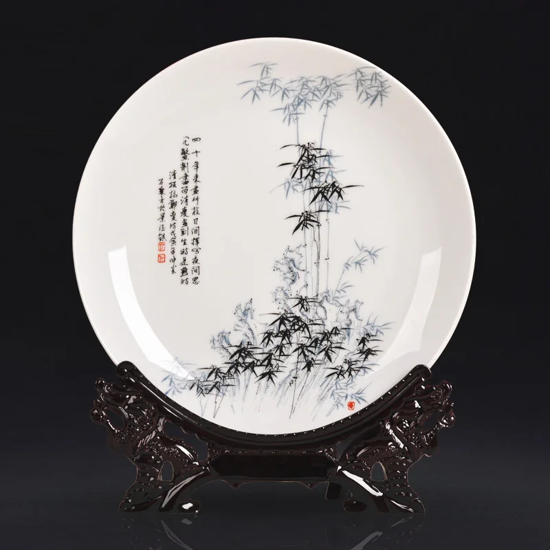 

Delicate Modern Home Decor Ceramic Ornamental Plate Chinese Decoration Dish Plate Wood Base Porcelain Plate Set Wedding Gift
