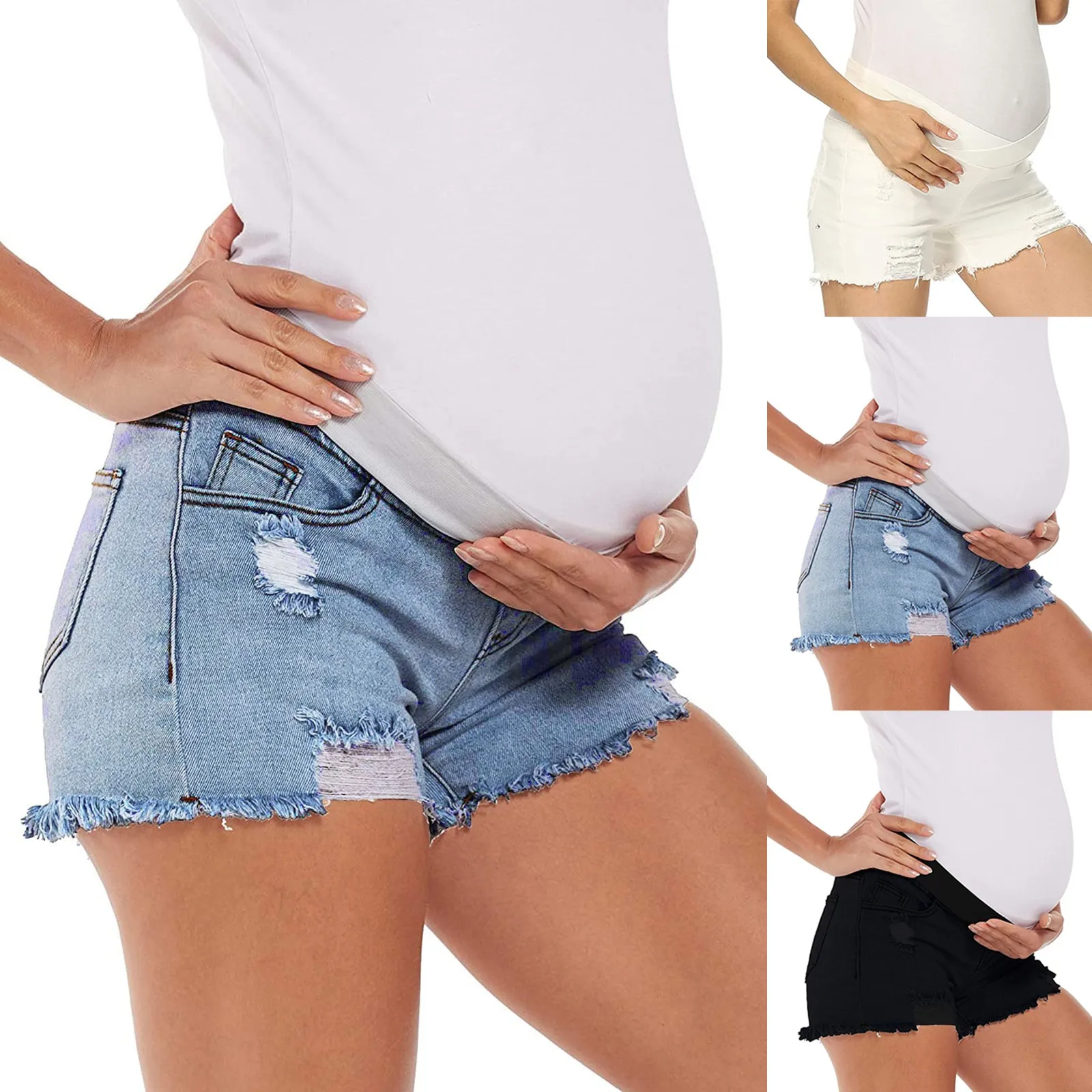 Pantalones cortos de maternidad para mujer, Vaqueros rasgados con banda elástica, ropa de embarazo, Verano