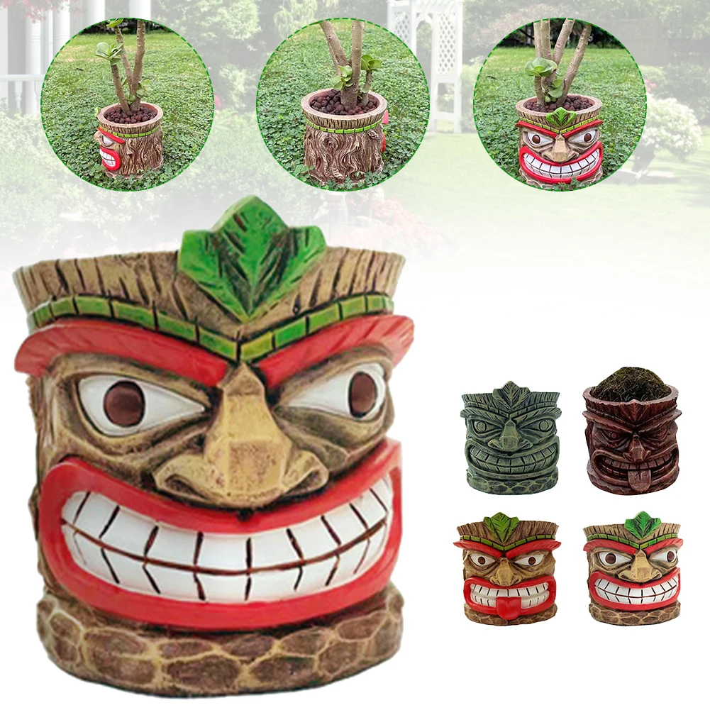 

Tiki Head Natural Resin Flower Pot retro Totem Model Pen Pot Flower Pot Planter Round Statue Garden Gift For Flowers Plants Herb