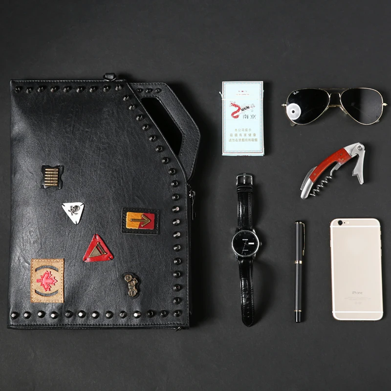 Men Rivets Handbag Male Skull Clutch street fashion leisure shoulder bag  luxury leather bag for men Free Shipping