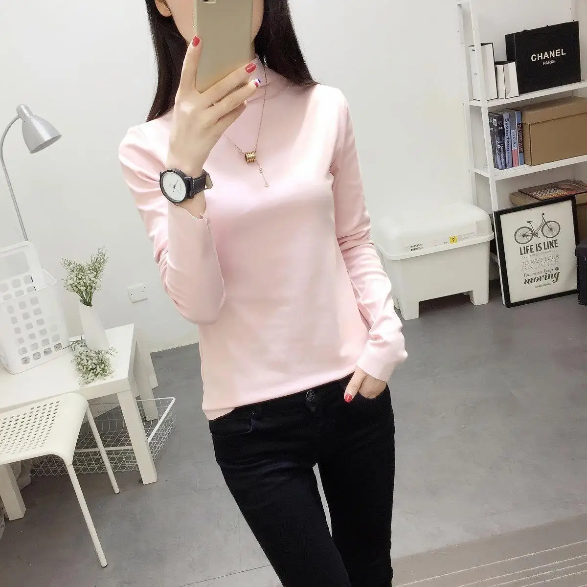 

Autumn 2021 new half high neck long sleeve T-shirt for women