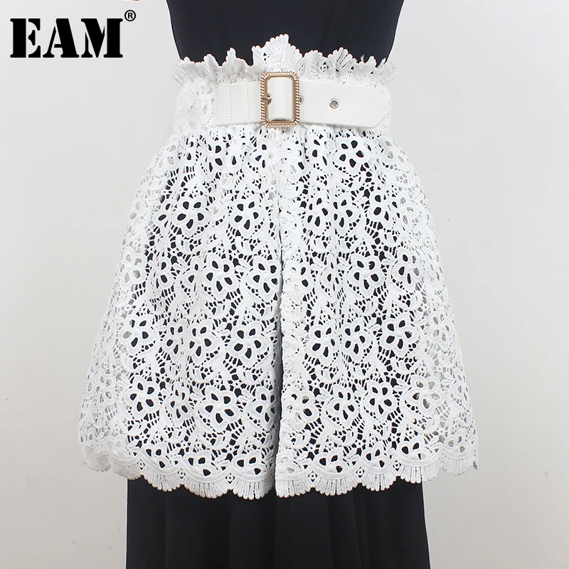 

[EAM] Pu Leather Spliced Lace Long Wide Elastic Belt Personality Women New Fashion Tide All-match Spring Autumn 2022 1DE0254