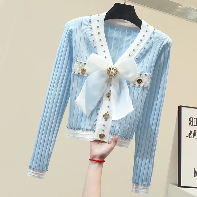 

2021 Autumn Sweet Ice Silk Knitted Slim Cardigans Women V-Neck Long Sleeve Diamonds Pearls Single-Breasted Mesh Bow Sweaters