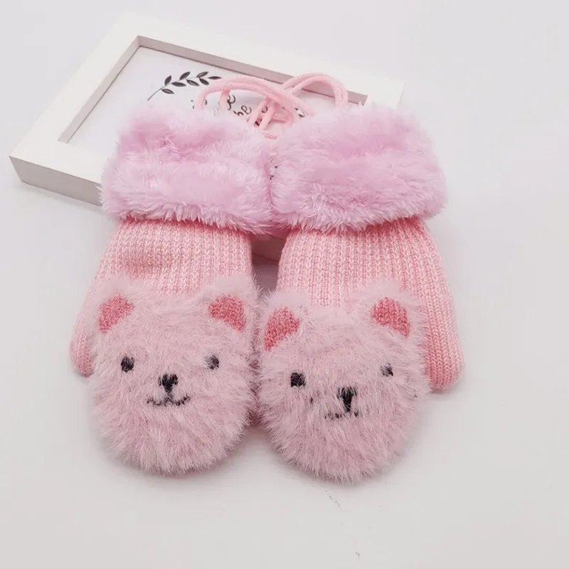 pink Зимние уличные Детские теплые веревочные пальчиковые варежки, перчатки с мультипликационным рисунком, Детские Висячие перчатки на шею - Цвет: pink