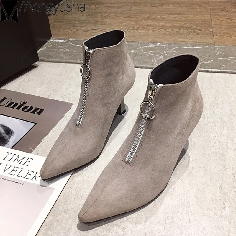 Короткие ботинки с острым носком на молнии спереди Модные Челси из флока тонком