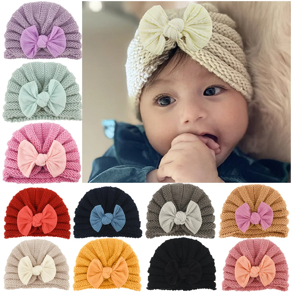 

Knitted Winter Bowknot Baby Hat for Girls Candy Color Bonnet Enfant Baby Beanie Turban Hats Newborn Baby Cap for Boys Accessorie