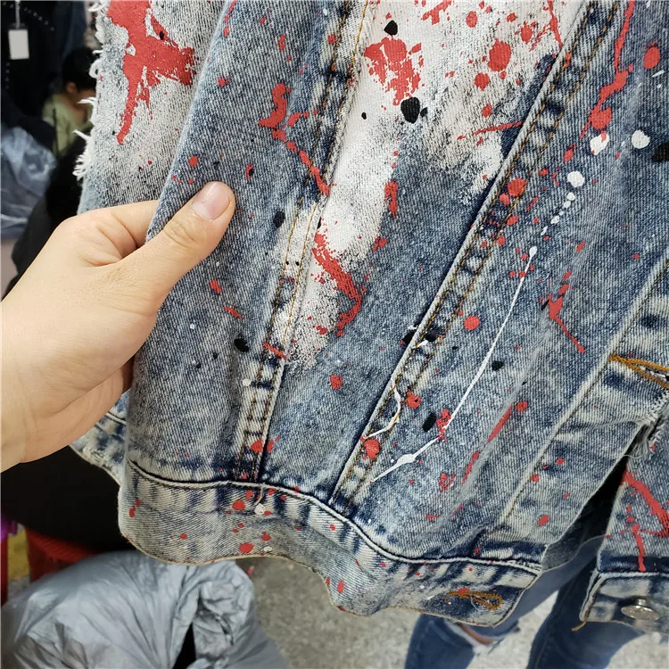 

Village Ripped Jeans Jackets Women Spring Autumn New Street Wear Graffiti Printing Sequins Loose Jeans Coat Female Denim Coats