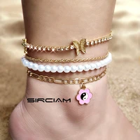 boho pink enamel flower pearl beaded anklets for women crystal butterfly ankle bracelet layered tennis anklet foot beach jewelry