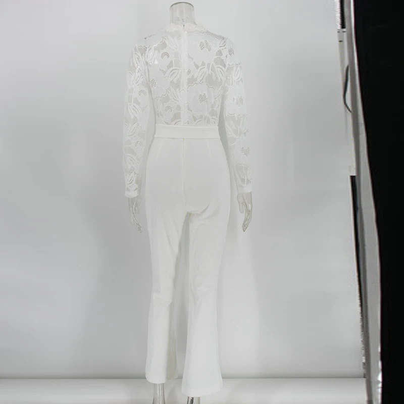 

Sexy Bodycon V Neck Lace Belt Jumpsuits Autumn Women White Slim Hollow Full Sleeve Flare Jumpsuits 2021 Club Party Jumpsuits