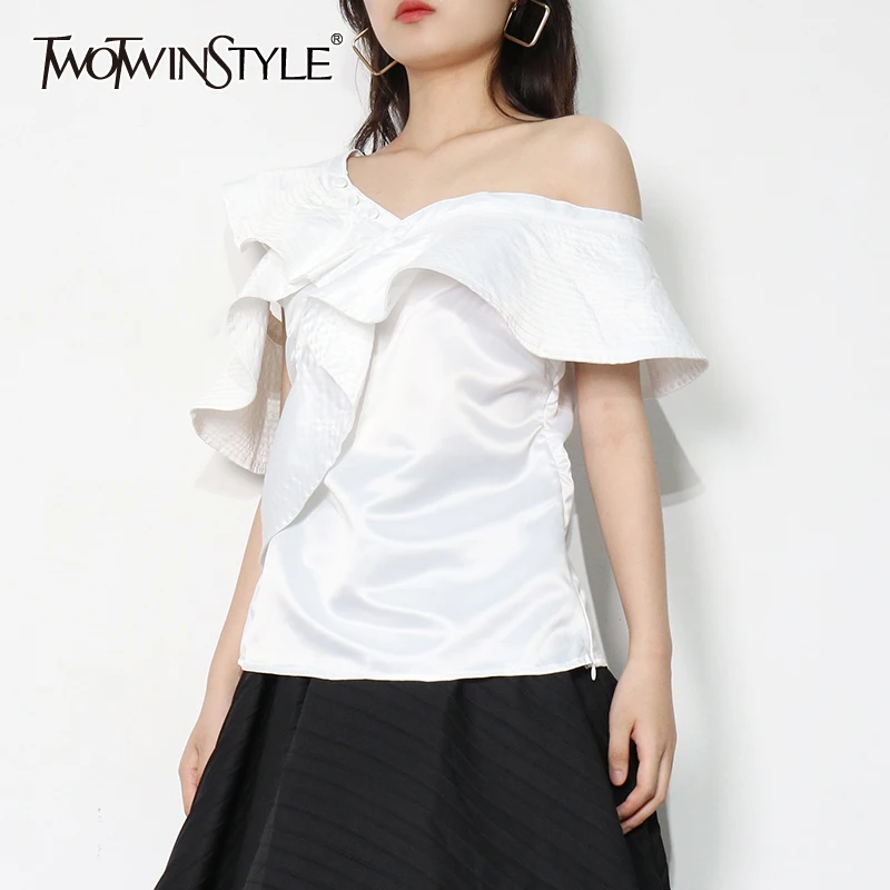 

TWOTWINSTYLE Ruffle Trim Women's Blouse Skew Collar Short Sleeve Casual Elegant White Shirt Female Fashion New Clothing Summer