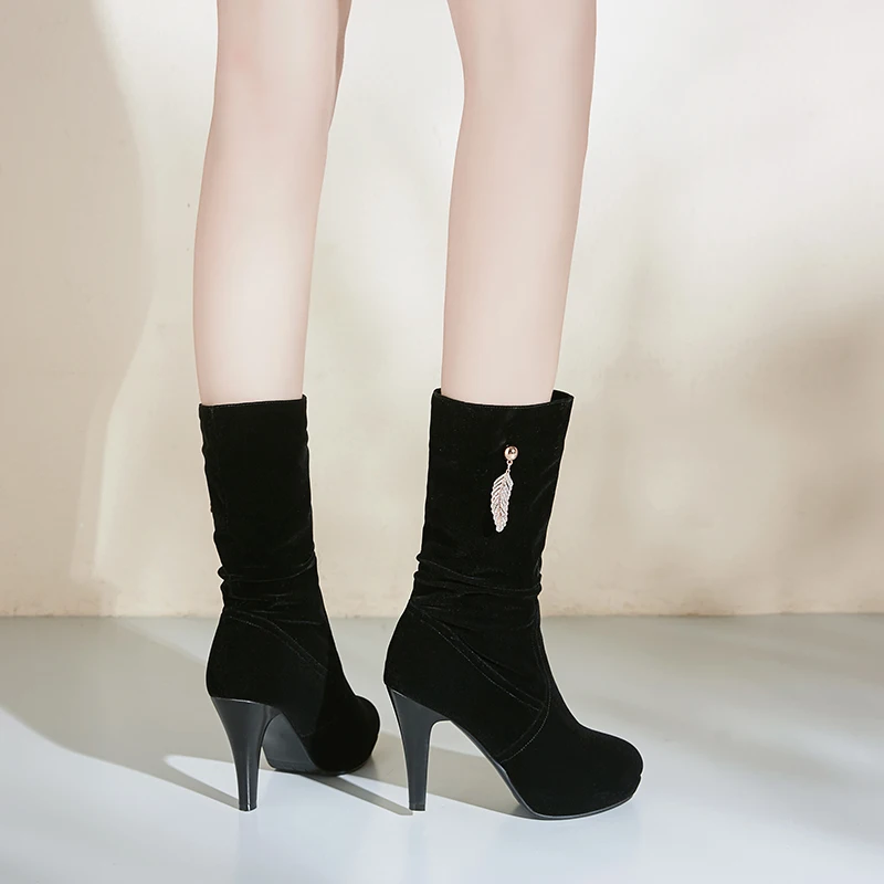 

ODS Winter Ladys Fashion Sexy Stiletto Thin High Heels Pointed Toe Stretch Cow Suede Mid Calf High Stocking Boots Shoes