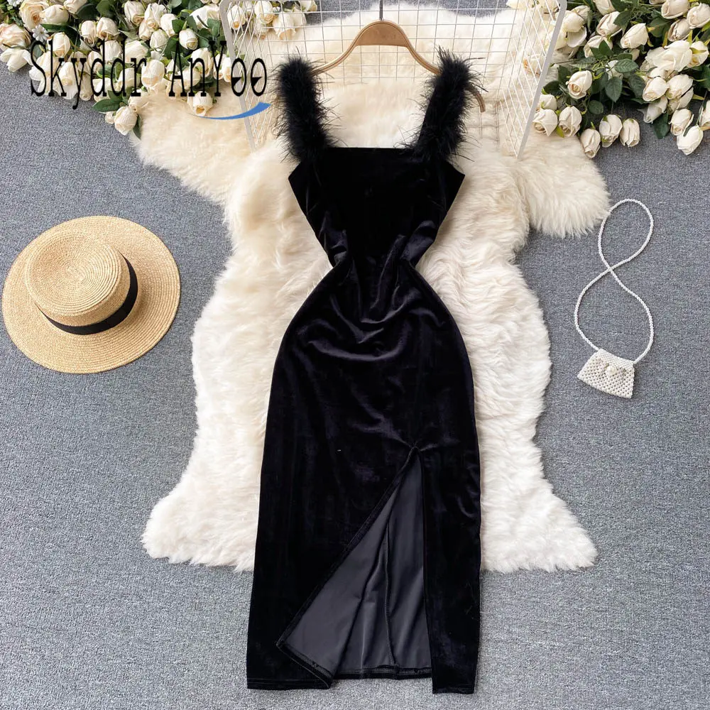 

2021 Autumn Winter Velvet Women Dress Square Neck Robes Sleeveless Backless Black Sexy Bodycon Dresses