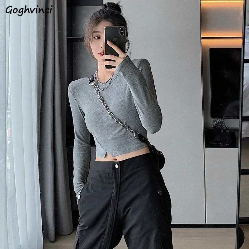 

Футболки с длинным рукавом женская с o-образным вырезом Разделение дизайн сплошной тонкий Простой Модный шикарный уличная кепки, кепки в ст...