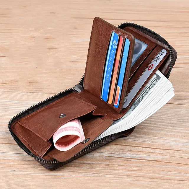 2021 New Men Leather Wallet Zipper Business Credit Card Holder RFID Blocking Pocket Coin Purse Wallet Male High Quality 5