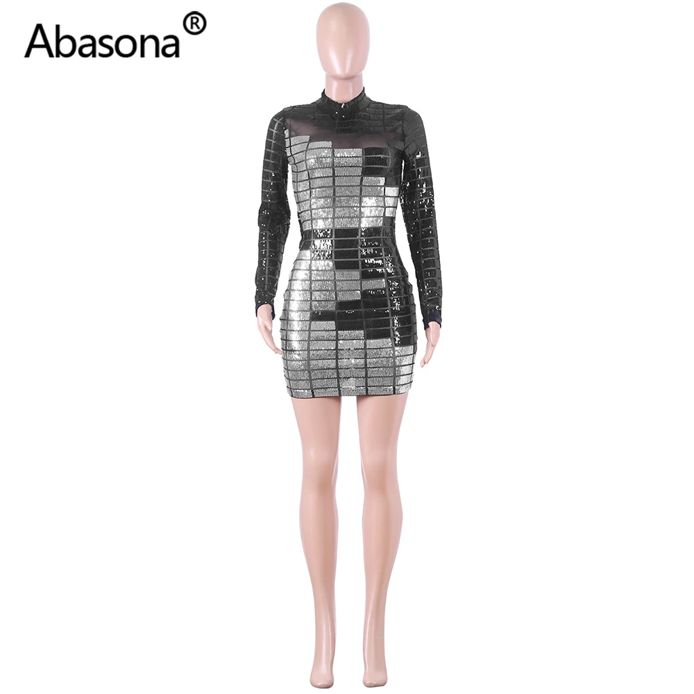 Abasona, Осеннее, зимнее, женское, с длинным рукавом, геометрический рисунок, сексуальное, облегающее, мини платье, из прозрачной сетки, обтягивающие, с блестками, платья, вечерние, для ночного клуба