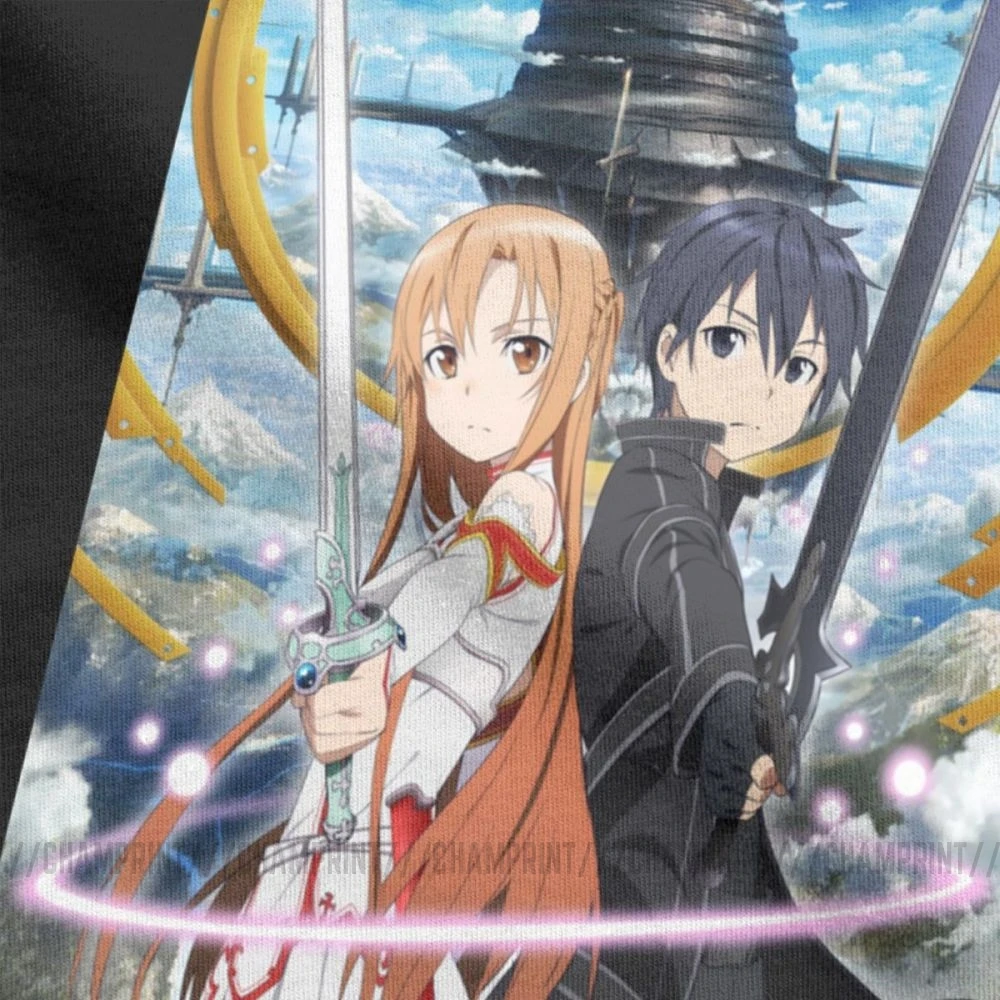Мужские футболки с изображением меча онлайн модные топы Asuna и Kirito SAO 2019 круглым