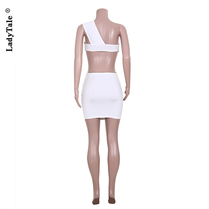 

Sexy Party Sleeveless 2 Piece Skirt Set Women 2021 Summer Backless Hollow Out Crop Tops + Mini Skirts Matching Outfit