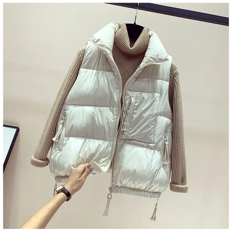 

2020 Winter Cotton Glossy Down Vest Jacket Female Korean Zipper Vest Coat Loose BF Sleeveless Waistcoat Winter Coat