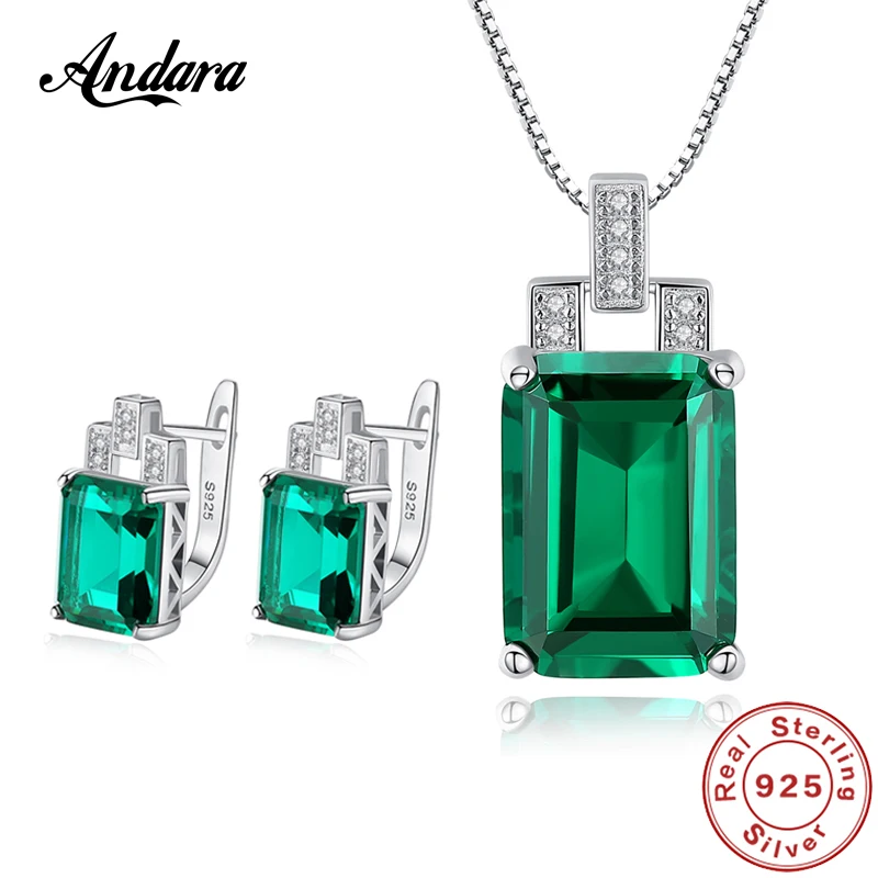 

Fine Jewelry Sets 925 Sterling Silver Fashion Green Blue Square Gem Necklaces Earrings Set Female Luxury Jewelry