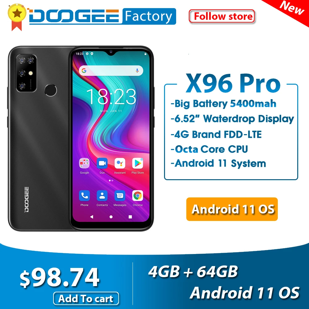 DOOGEE X96 Pro смартфон 4 Гб 64 Octa Core Android 11 мобильный телефон 13MP Quad Камера 5400 мАч