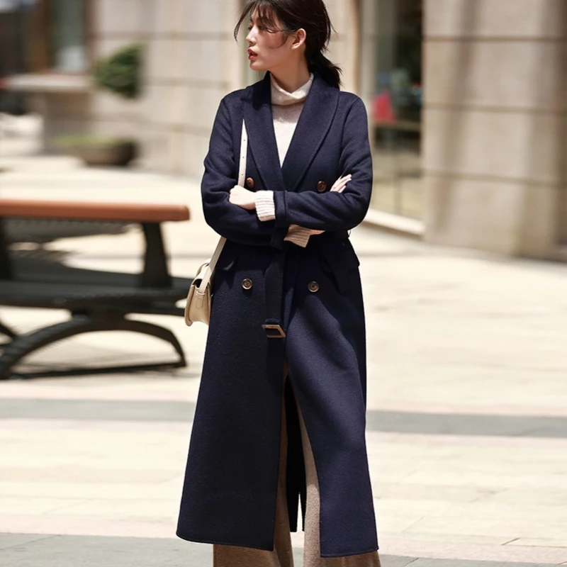 

NEW ARRIVAL 2019 autum winter overcoat shawl collar x long double faced cashmere wool coat women