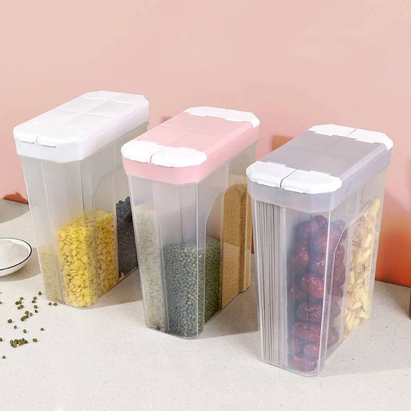 

Divided Transparent Sealed Tank Food Storage Containers Kitchen Organizer Grains Dispenser Moisture-Proof Storage Boxes