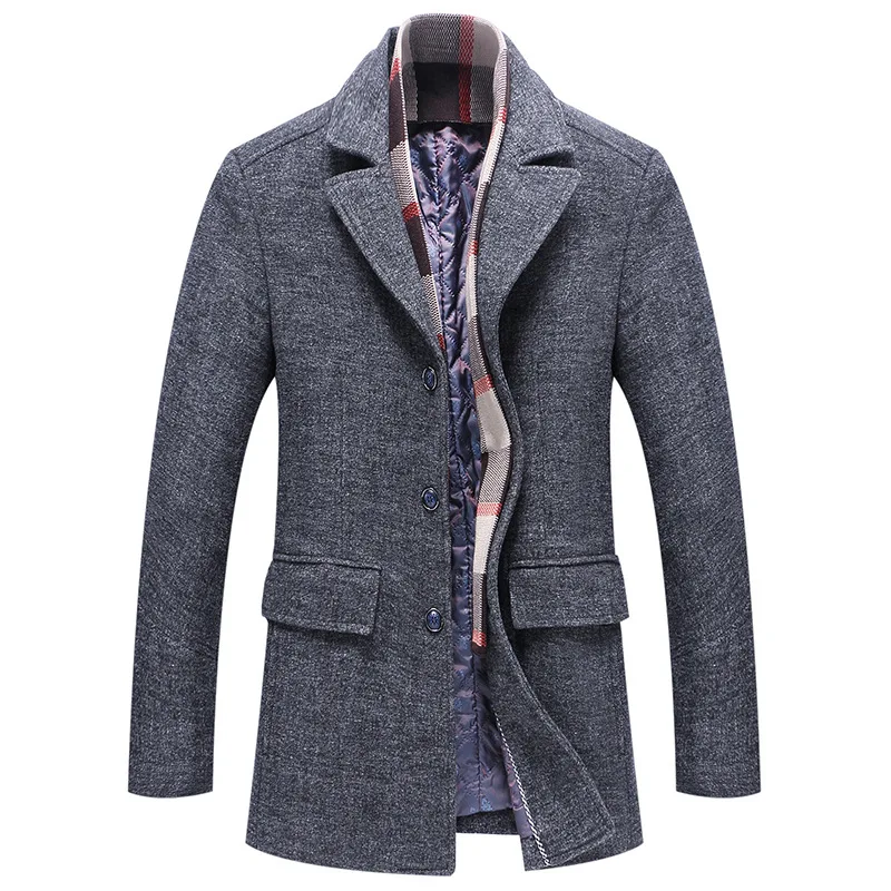 

2021 Men's Woolen Coat Trench Thick Cashmere Fashionable Lapel Scarf Collar Jacket Mid-Length Woolen Windbreaker Jacket Men Coat